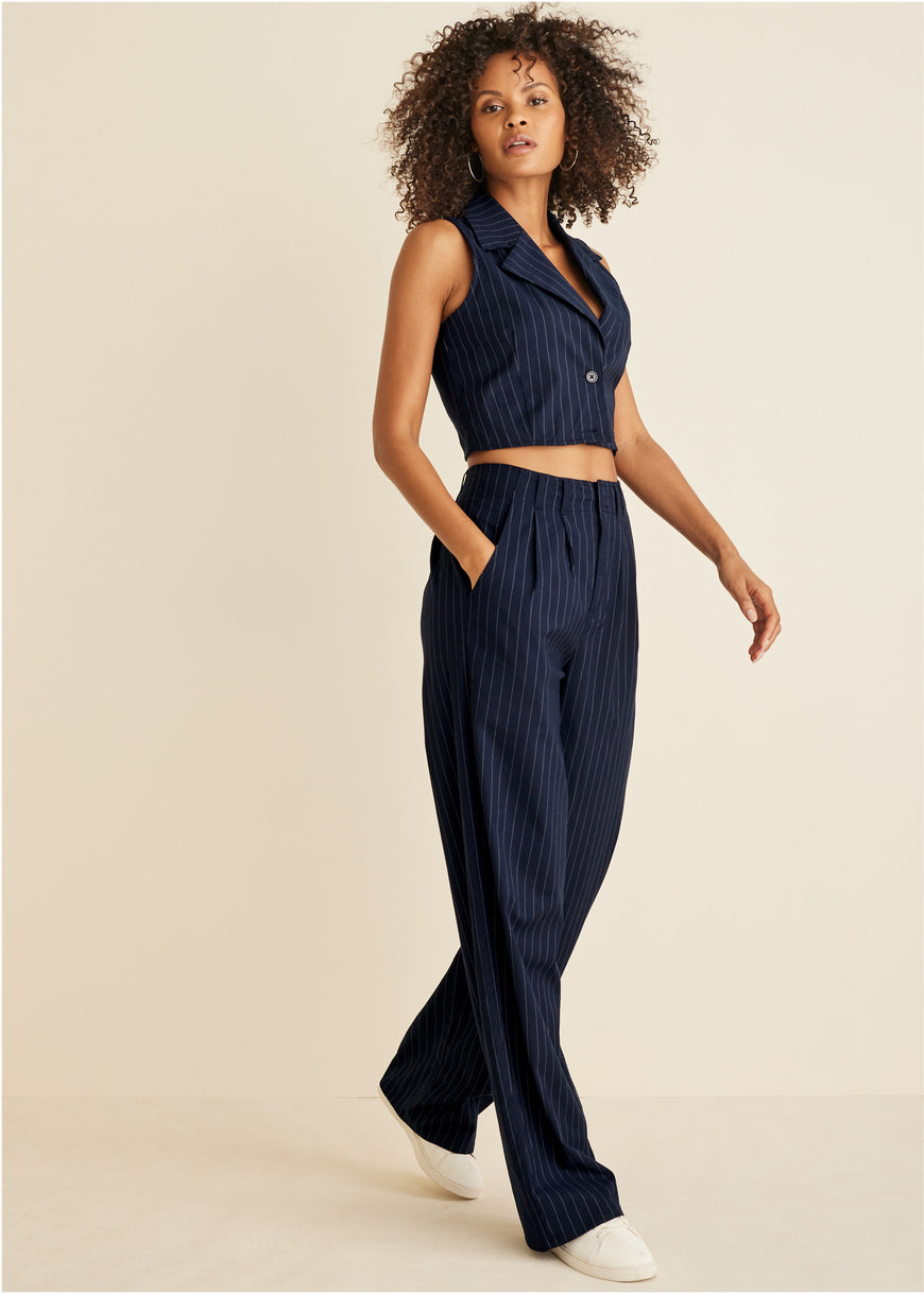 Sleeveless Cropped Suit Set - Navy Multi