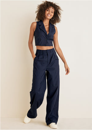 Sleeveless Cropped Suit Set - Navy Multi - thumbnail-1