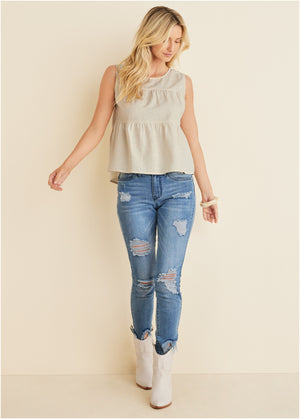 Linen Tiered Tank Top - Cream - thumbnail-1