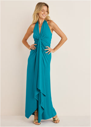 Plunging Knot Maxi Dress - Teal - thumbnail-1