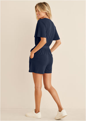 Tie waist romper - Navy - thumbnail-2