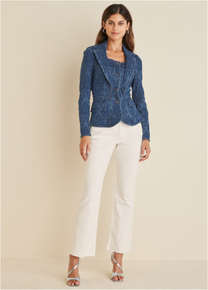 Lace Print Denim Blazer - Medium Wash - thumbnail-3