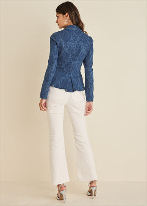 Lace Print Denim Blazer - Medium Wash - thumbnail-2