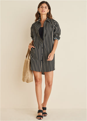 Shirt dress - Tan Black Stripe - thumbnail-1