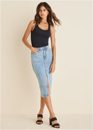 Denim Midi Skirt - Light Wash - thumbnail-1