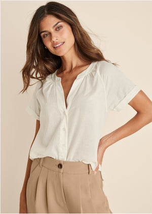 Short Sleeve Blouse - Cream - thumbnail-1