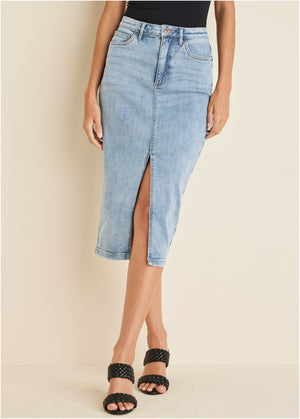 Denim Midi Skirt - Light Wash - thumbnail-2