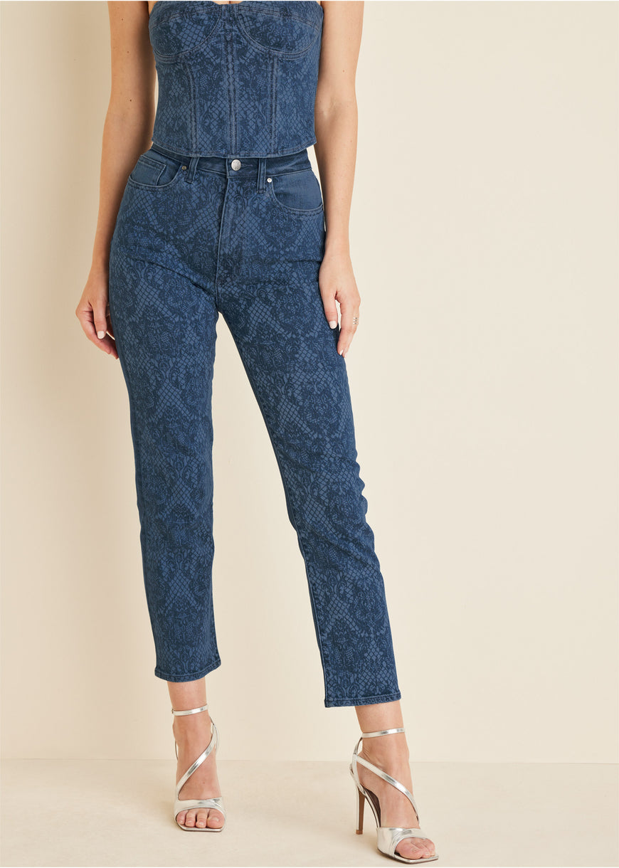 Lace Print Straight Jeans - Medium Wash