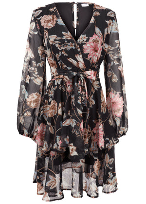 Floral Wrap Dress - Black Multi - thumbnail-3