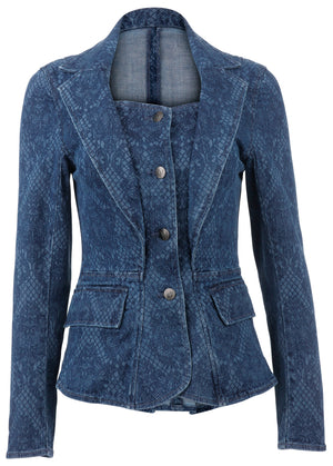 Lace Print Denim Blazer - Medium Wash - thumbnail-4