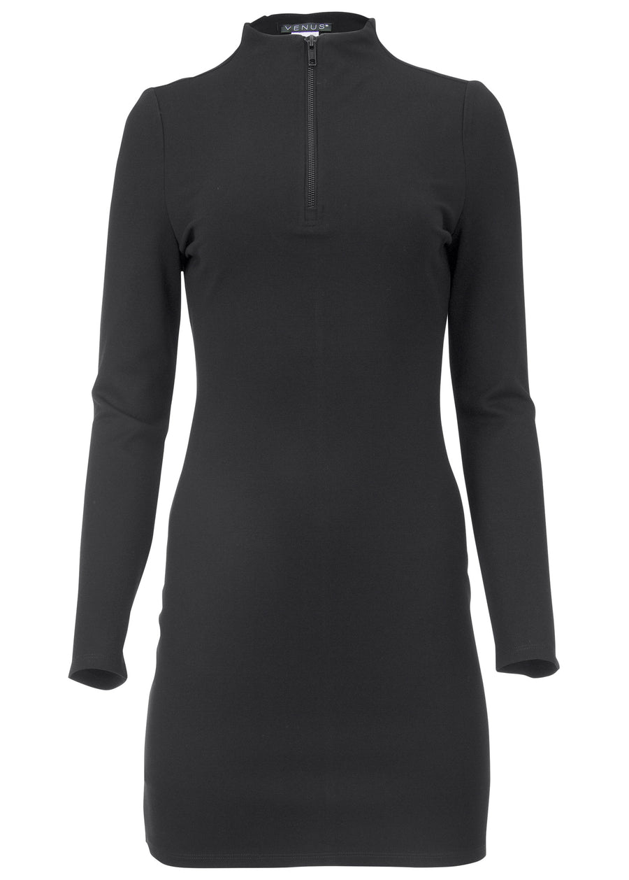 Ponte Quarter Zip Dress - Black