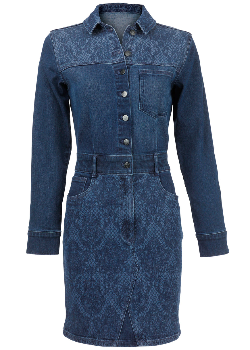 Lace Print Denim Mini Dress - Medium Wash