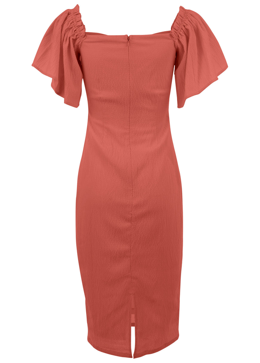 Fluted Satin Midi Dress - Burnt Orange