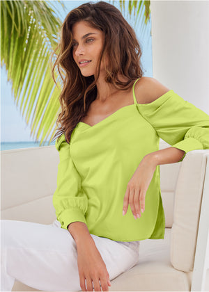 Cold Shoulder Blouse - Lime - thumbnail-1