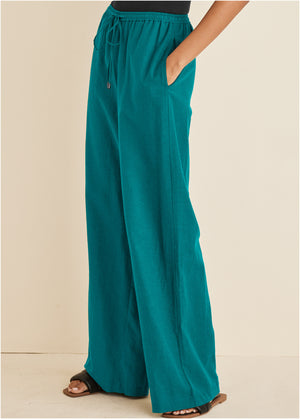 Cotton Linen Wide Leg Pants - Teal - thumbnail-4