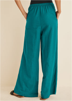 Cotton Linen Wide Leg Pants - Teal - thumbnail-3