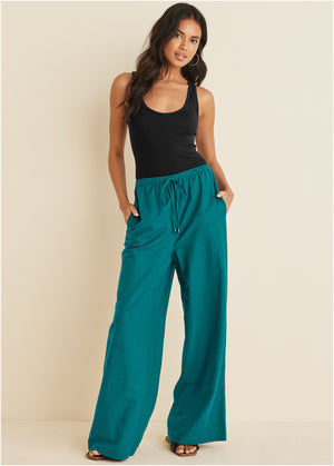 Cotton Linen Wide Leg Pants - Teal - thumbnail-1