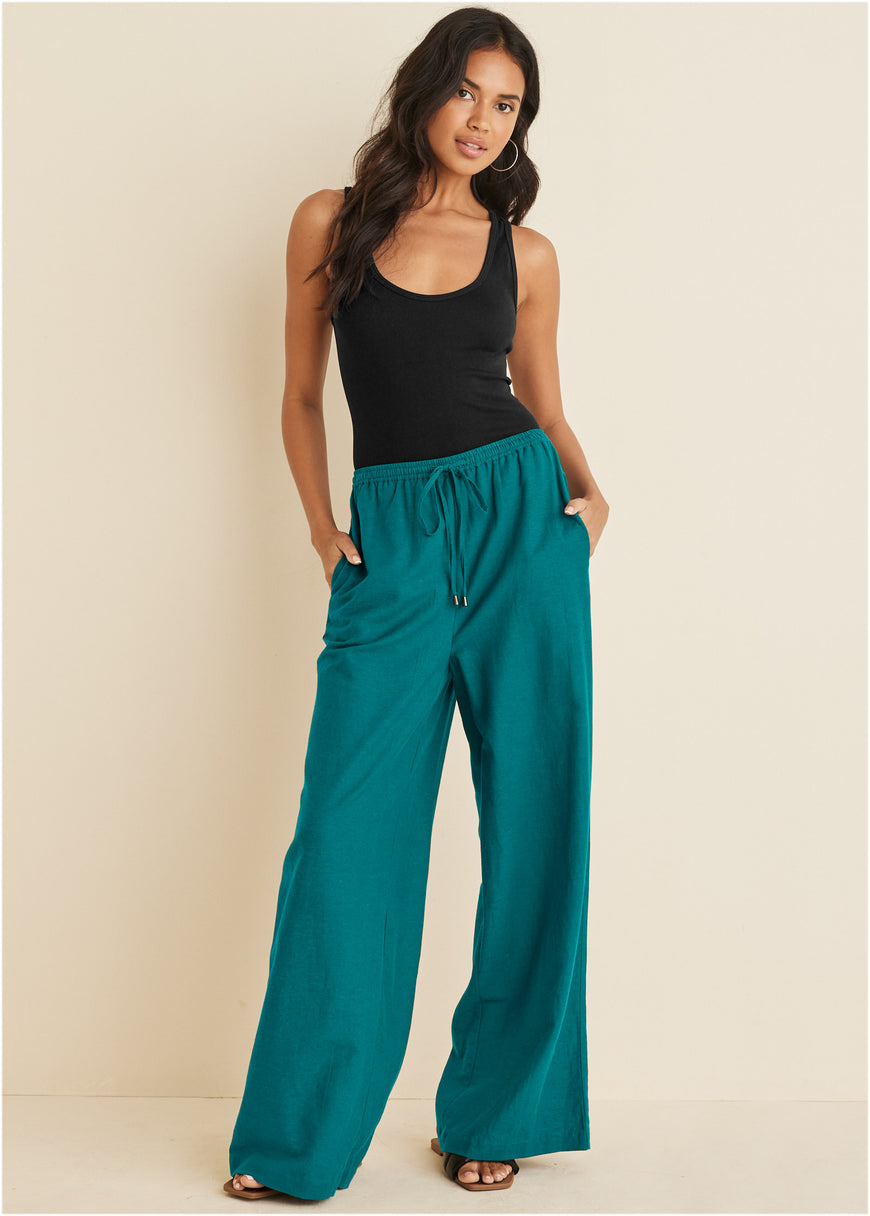 Pantalon large en lin et coton - Sarcelle