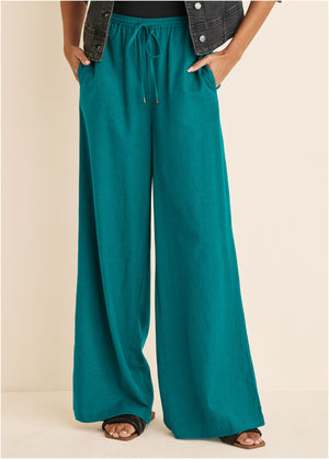 Cotton Linen Wide Leg Pants - Teal - thumbnail-2