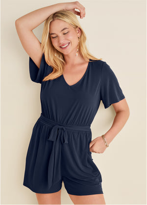 Tie Waist Romper - Navy - thumbnail-8