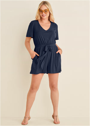 Tie Waist Romper - Navy - thumbnail-6