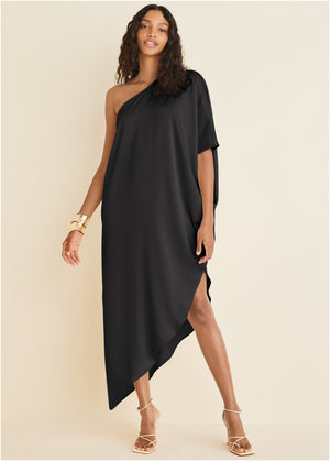 One-Shoulder Kaftan Dress - Black - thumbnail-1