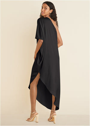 One-Shoulder Kaftan Dress - Black - thumbnail-2