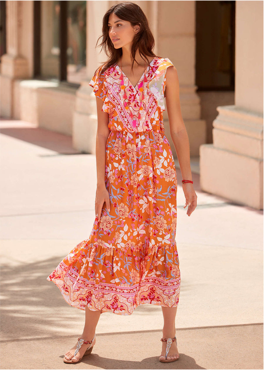 Robe midi à manches flottantes - Orange Multi