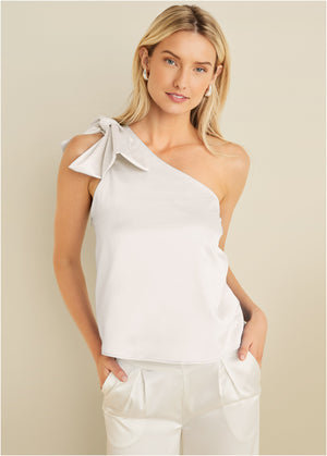 Bow Detail One-Shoulder Top - Off White - thumbnail-1