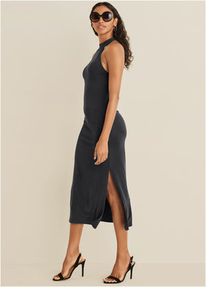 High neck midi dress - Black - thumbnail-3