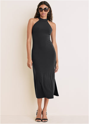 High Neck Midi Dress - Black - thumbnail-1