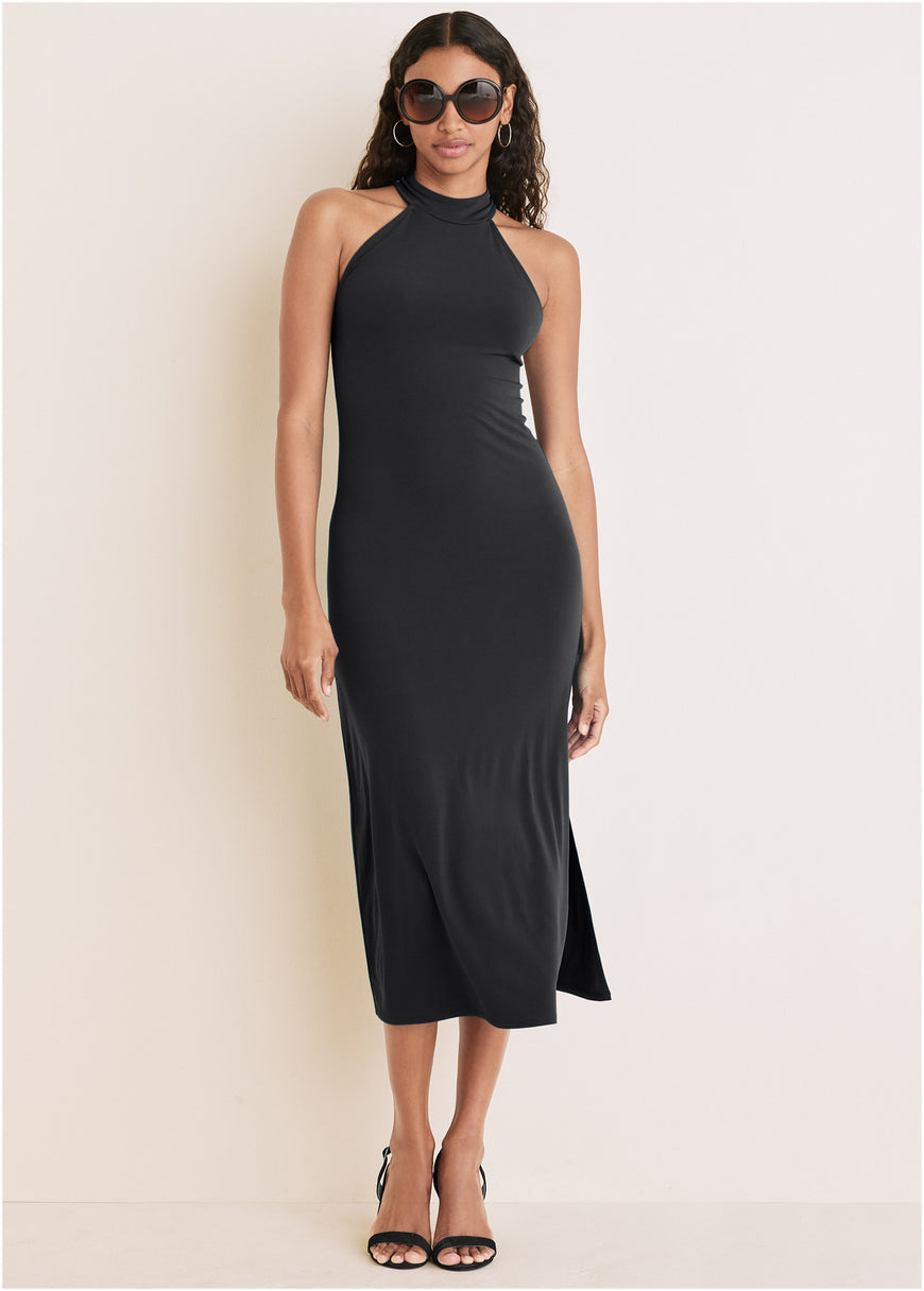 High Neck Midi Dress - Black