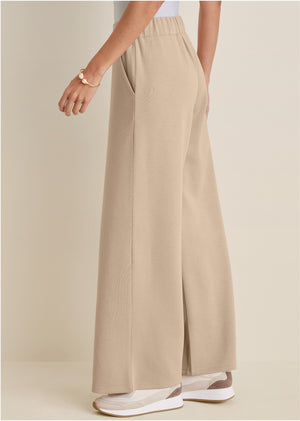 Double Knit Wide Leg Pants - Tan - thumbnail-3