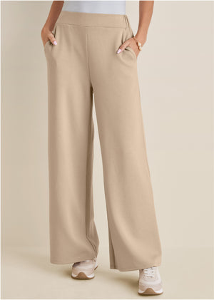 Double Knit Wide Leg Pants - Tan - thumbnail-1