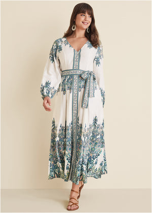 Robe longue à taille nouée - Blanc Multi - thumbnail-6