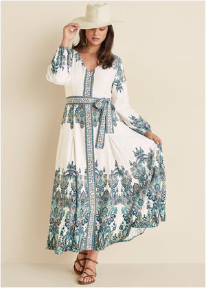 Robe longue à taille nouée - Blanc Multi - thumbnail-8