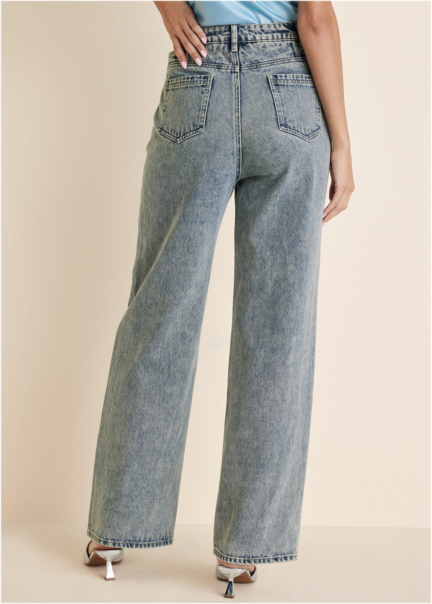 Rhinestone Cut Out Jeans - Acid Wash