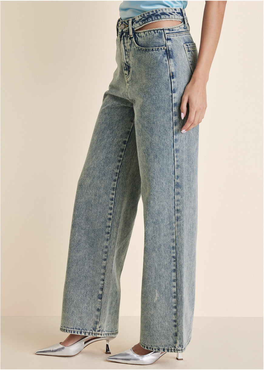 Rhinestone Cut Out Jeans - Acid Wash