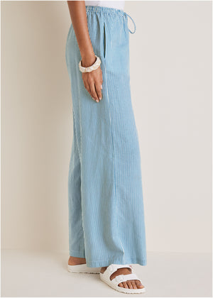 Pantalon large en coton et lin - Blue Whisper Stripe - thumbnail-3