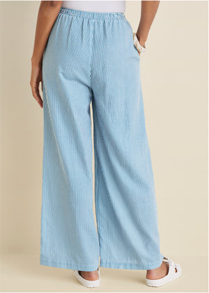 Cotton linen wide leg pants - Blue Whisper Stripe - thumbnail-2