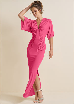 Drape Sleeve Maxi Dress - Hot Pink - thumbnail-1