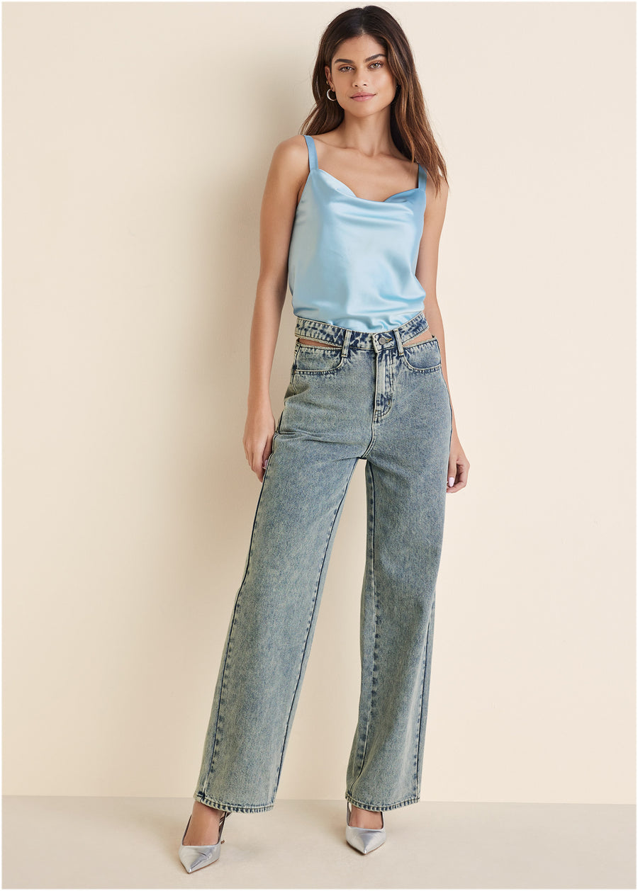 Rhinestone Cut Out Jeans - Acid Wash