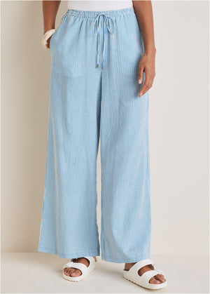 Pantalon large en coton et lin - Blue Whisper Stripe - thumbnail-1