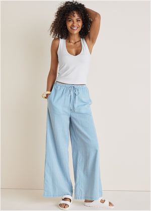 Cotton Linen Wide Leg Pants - Blue Whisper Stripe - thumbnail-6