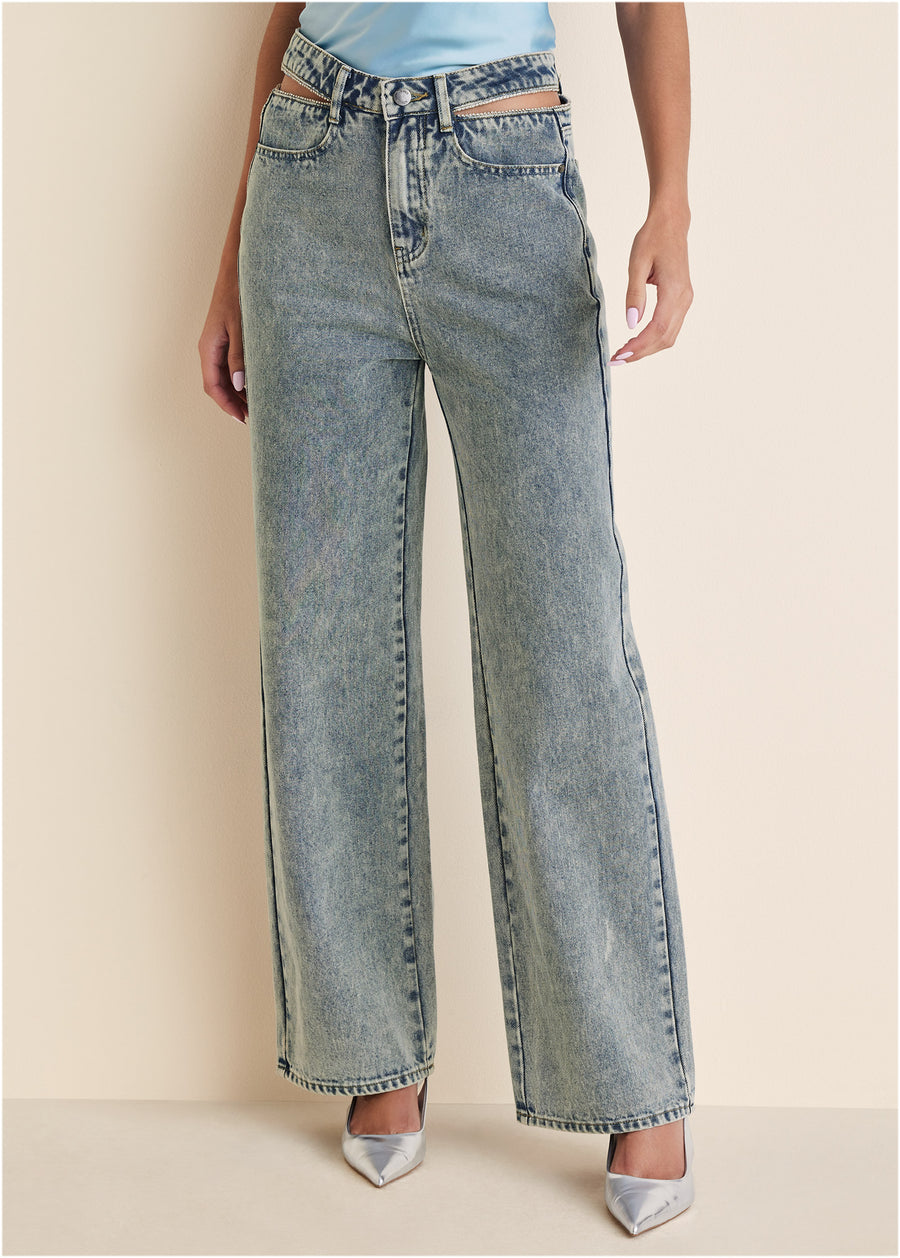 Rhinestone Cut Out Jeans - Acid Wash