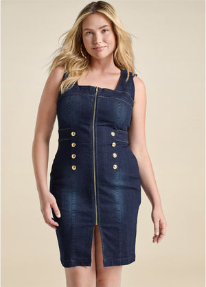 Zip-front denim dress - Dark Wash - thumbnail-6