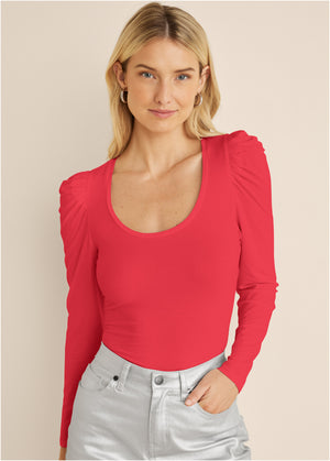 Puff shoulder long sleeve top - Red - thumbnail-1