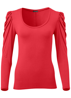 Puff shoulder long sleeve top - Red - thumbnail-4