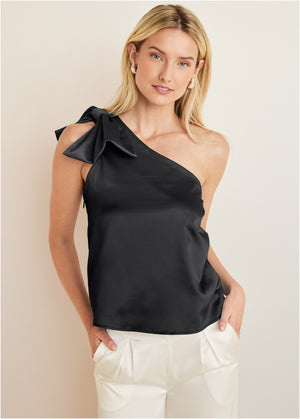 Bow Detail One-Shoulder Top - Black - thumbnail-1