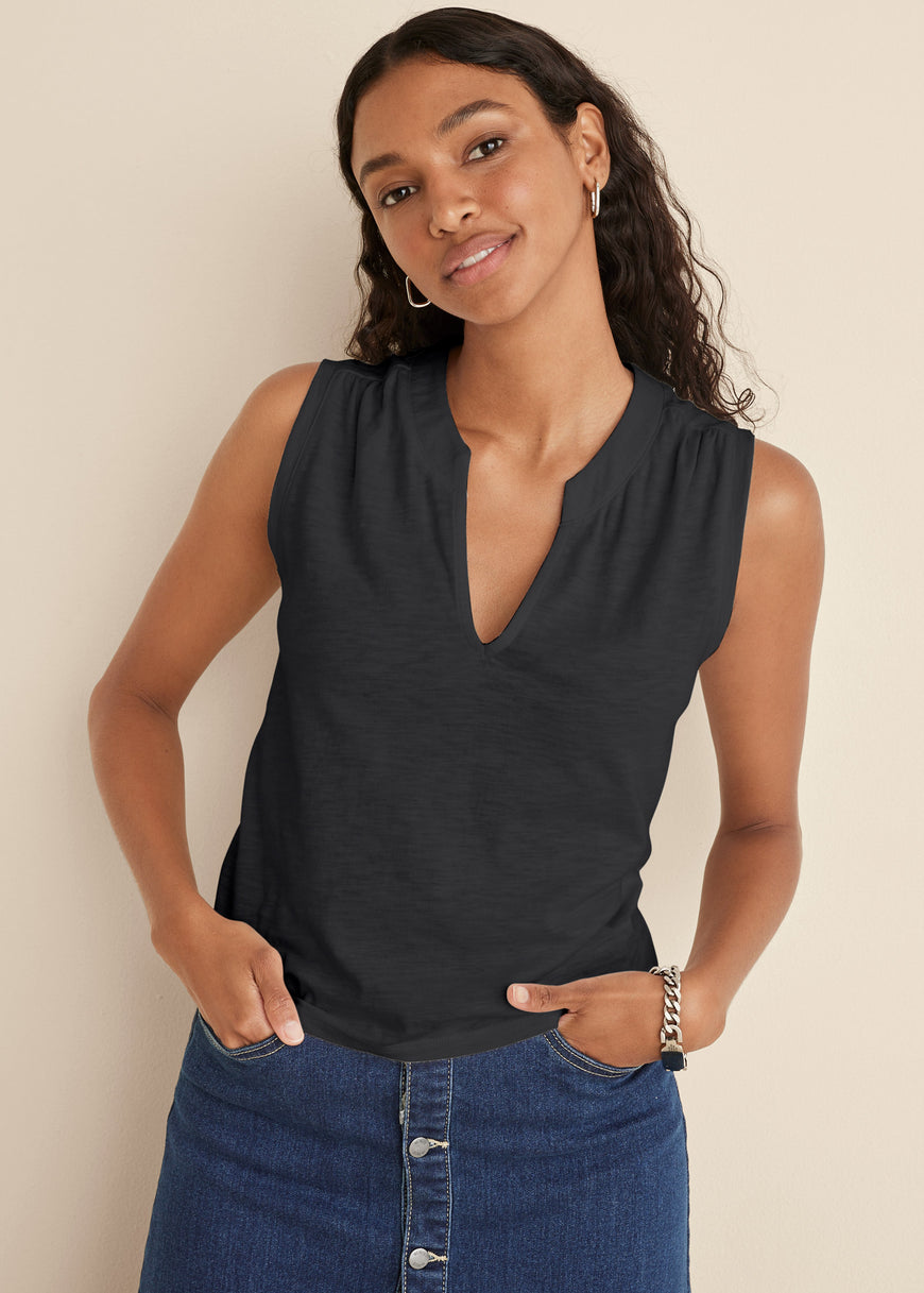 V-Neck Shirred Tank - Black